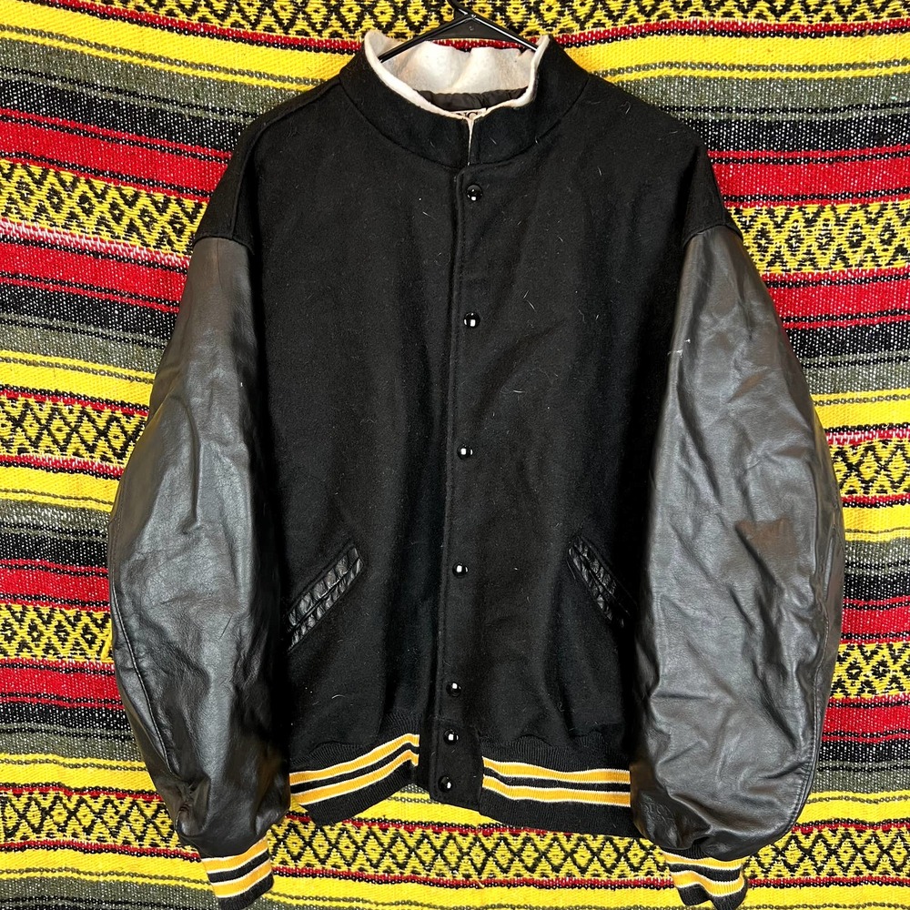 vintage 90s DeLong varsity lettermans jacket black and gold made in USA